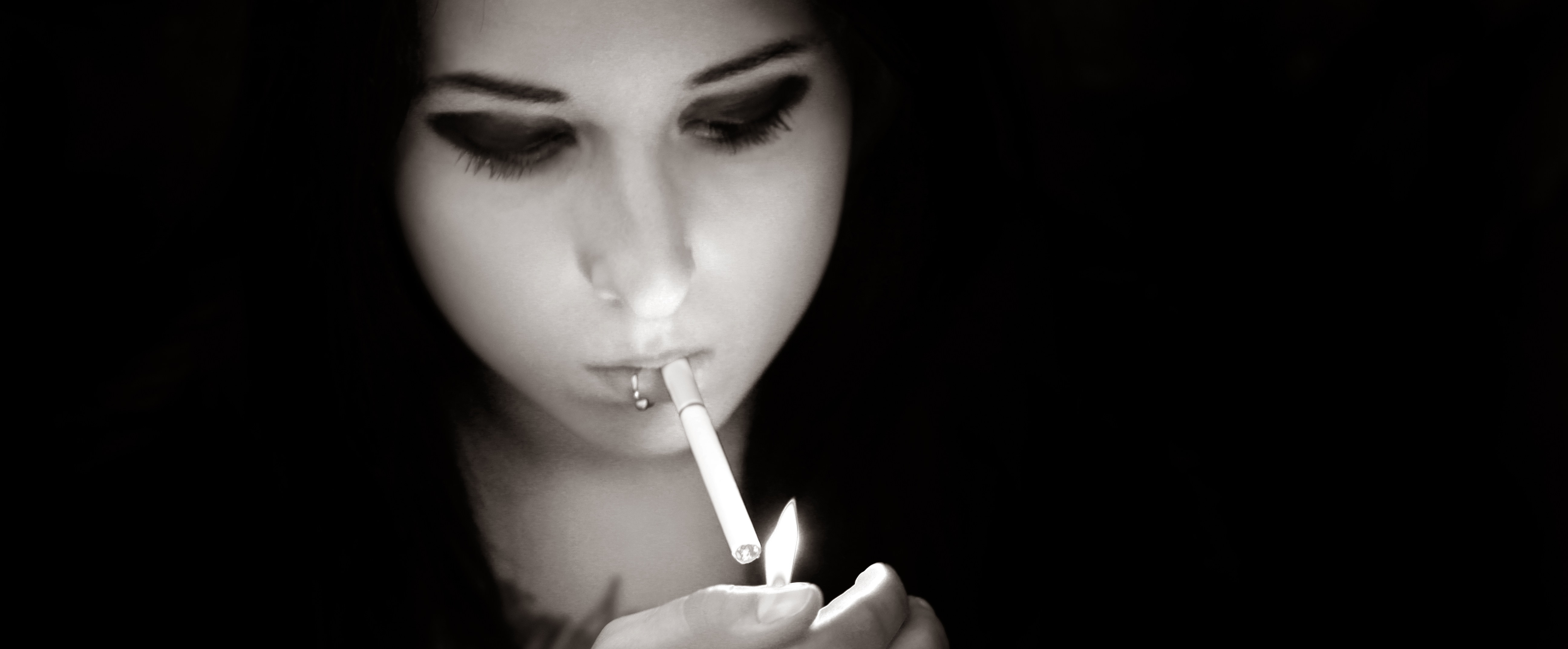 Girl Lights A Cigarette In Black And White Ahi